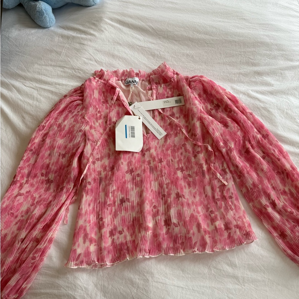 Ganni Pink Floral Pleated Long-Sleeve Blouse